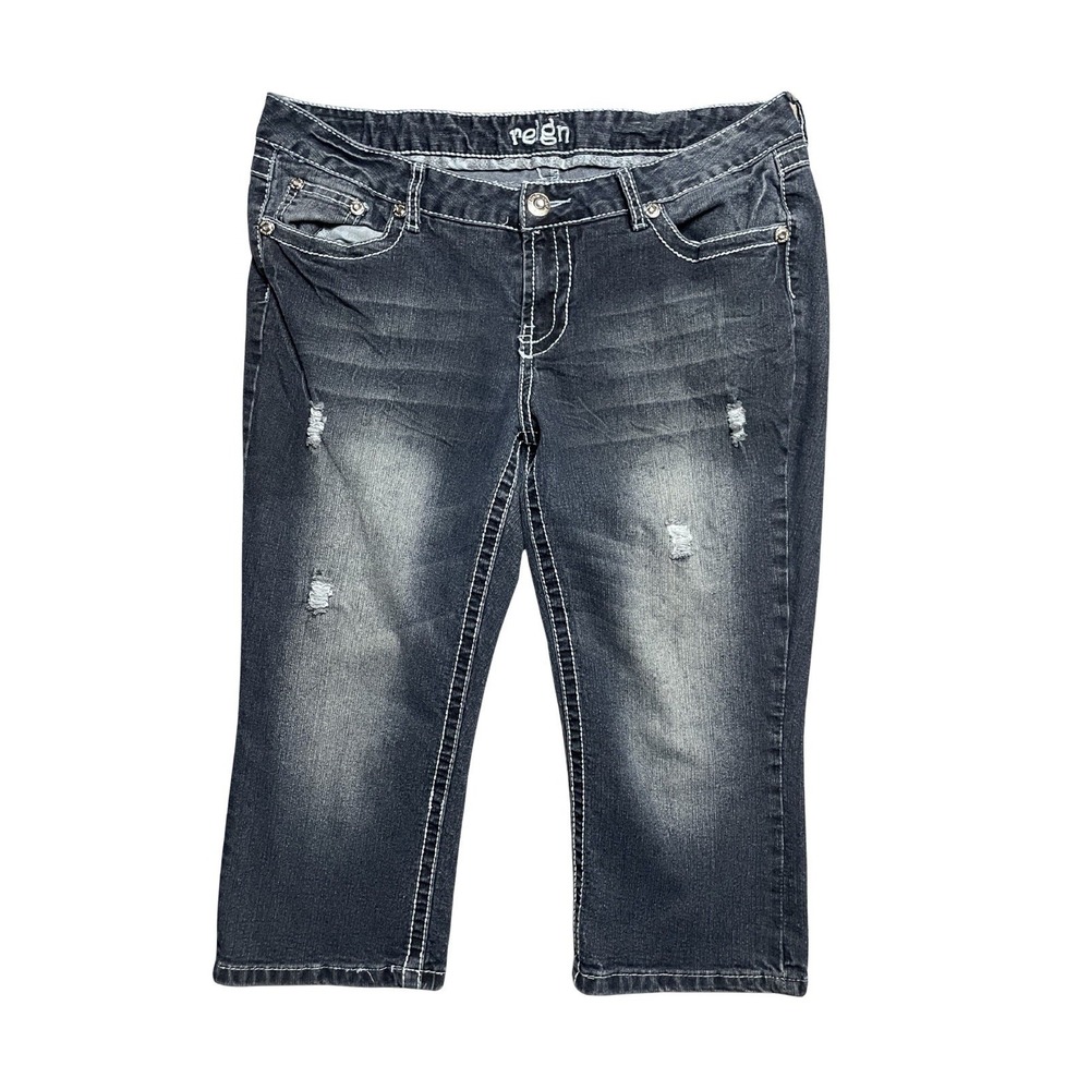 Reign Women's Blue Denim Distressed Low-Rise Capri Pants Size 14